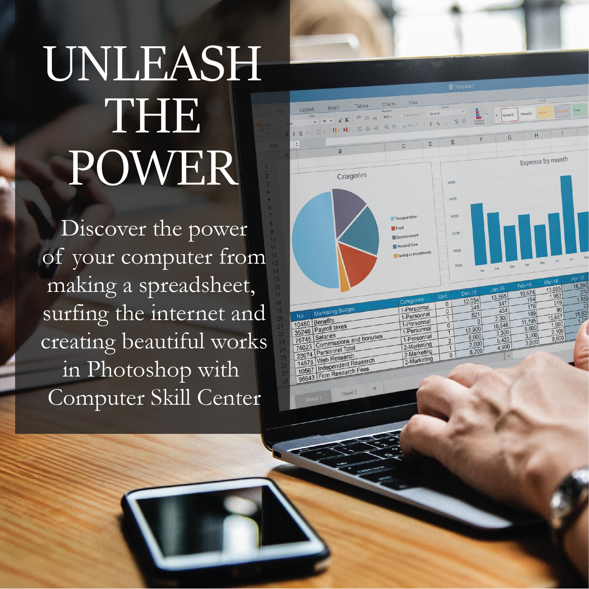 Unleash the Power - Discover the power of your computer from making a spreadsheet, surfing the internet and creating beautiful works in Photoshop with Computer Skill Center